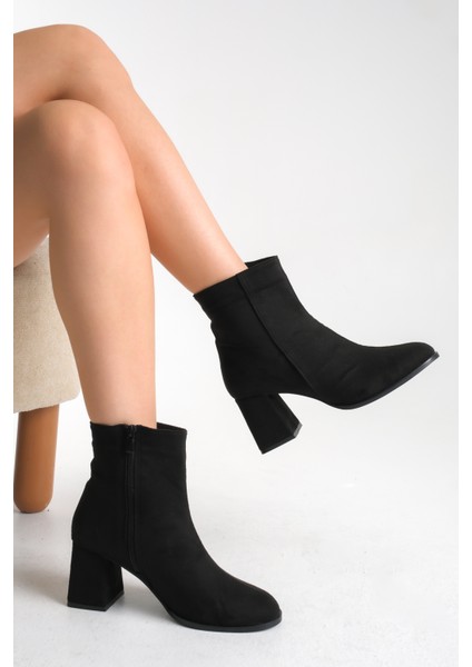 Siyah Süet Kadın Bot Kaymaz Taban Fermuarlı Kalın Topuk Diana