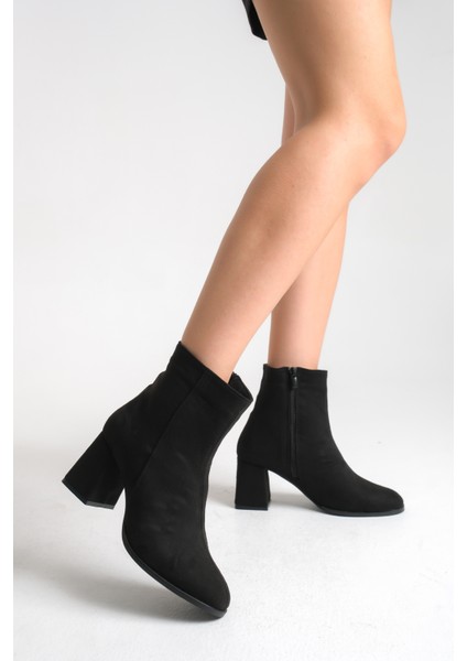 Siyah Süet Kadın Bot Kaymaz Taban Fermuarlı Kalın Topuk Diana