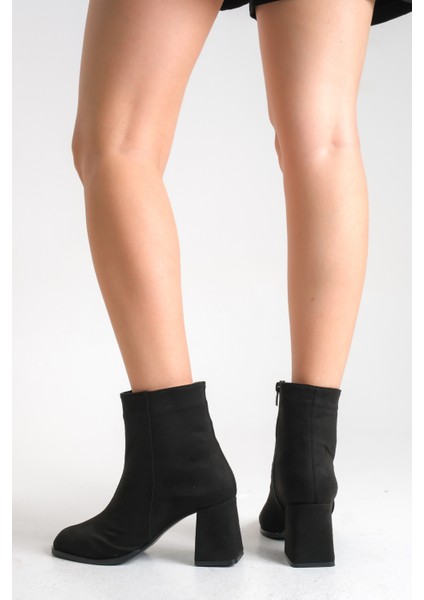 Siyah Süet Kadın Bot Kaymaz Taban Fermuarlı Kalın Topuk Diana