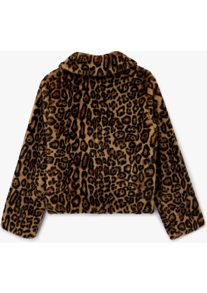 Suni Kürk Mont Leopar Desenli Crop Cepli Fermuarlı