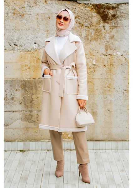 Yün Kaplamalı Deri Kaban-Bej