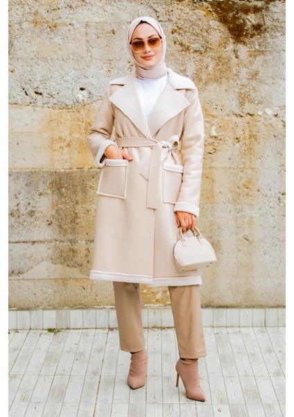 Yün Kaplamalı Deri Kaban-Bej fırsatları