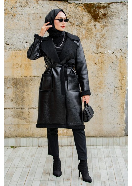 Yün Kaplamalı Deri Kaban-Siyah