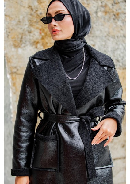 Yün Kaplamalı Deri Kaban-Siyah fiyatları