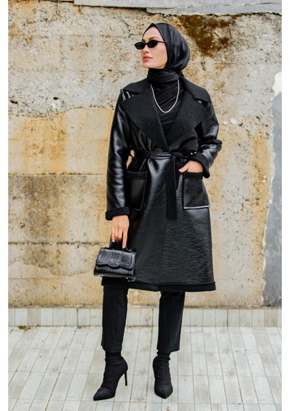 Yün Kaplamalı Deri Kaban-Siyah fırsatları