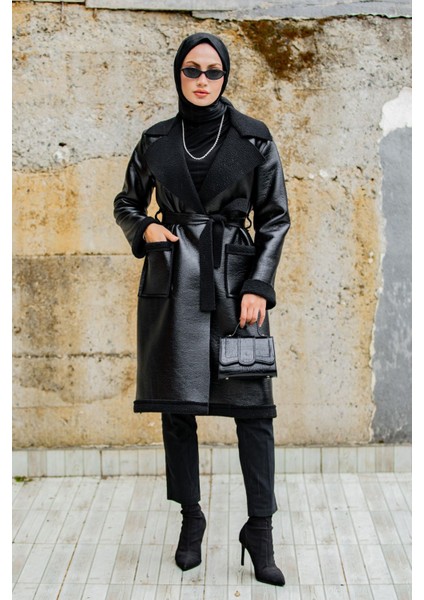 Yün Kaplamalı Deri Kaban-Siyah indirimleri