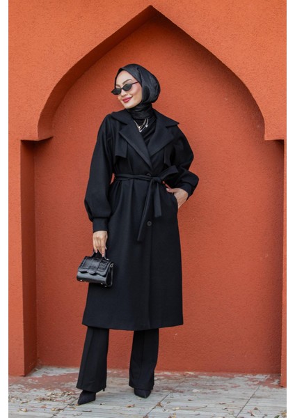 Olly Pileli Balon Kol Astarlı Kaşe Kaban-Siyah