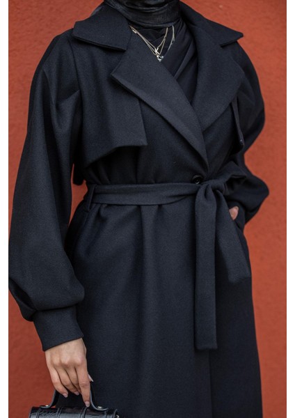 Olly Pileli Balon Kol Astarlı Kaşe Kaban-Siyah fiyatları