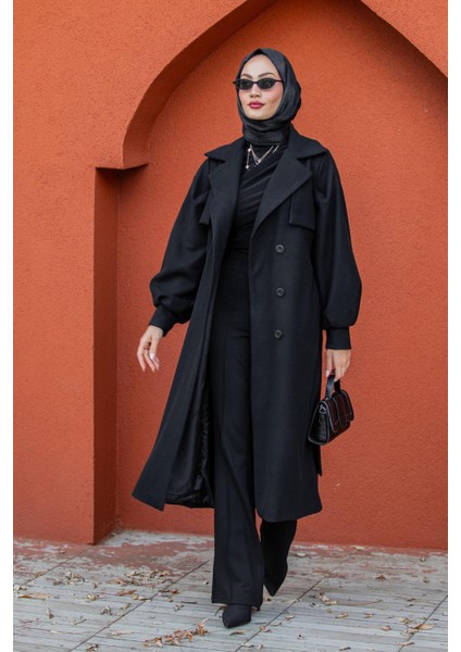 Olly Pileli Balon Kol Astarlı Kaşe Kaban-Siyah indirimleri