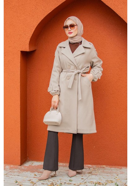 Celn Astarlı Apoletli Kaşe Kaban-Bej