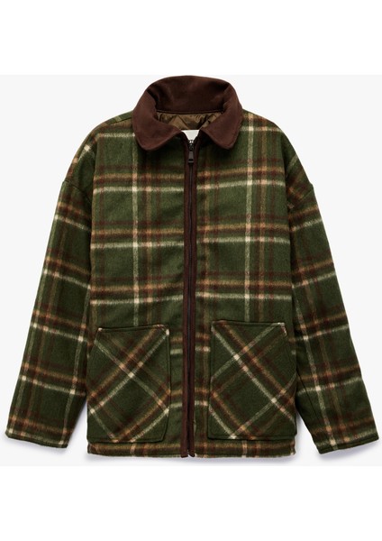 Fermuarlı Cepli Klasik Yaka Ekoseli Ceket