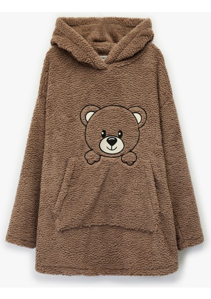 Ayıcık Işlemeli Uzun Kollu Kapüşonlu Oversize Peluş Sabahlık