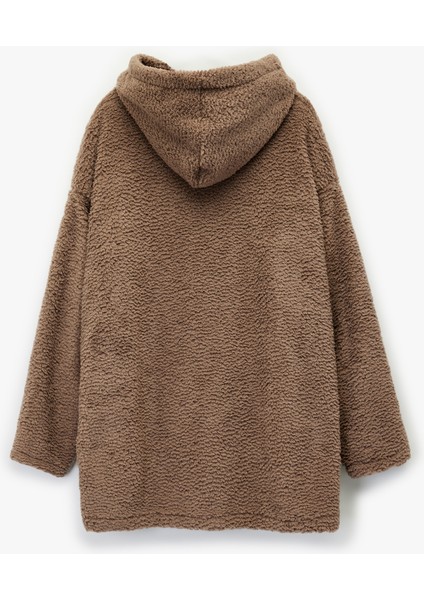 Ayıcık Işlemeli Uzun Kollu Kapüşonlu Oversize Peluş Sabahlık fiyatları