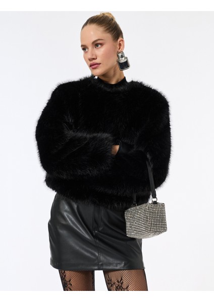 Suni Kürk Mont Crop Uzun Kollu Bisiklet Yaka