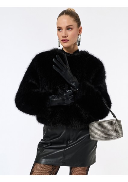 Suni Kürk Mont Crop Uzun Kollu Bisiklet Yaka fırsatları