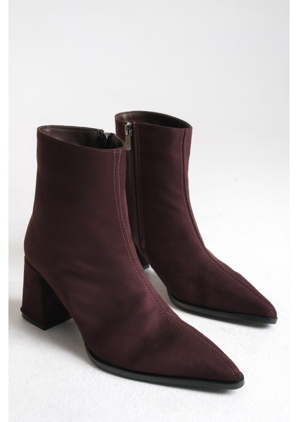 Bordo Süet Kadın Bot Sivri Burun Kaymaz Taban Fermuarlı Kalın Topuk Astrid