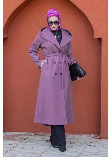 Note Astarlı Kapüşonlu Uzun Boy Kaban-Lila
