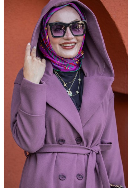 Note Astarlı Kapüşonlu Uzun Boy Kaban-Lila fiyatları