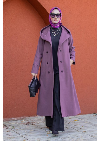 Note Astarlı Kapüşonlu Uzun Boy Kaban-Lila modelleri