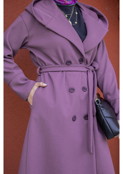 Note Astarlı Kapüşonlu Uzun Boy Kaban-Lila fırsatları