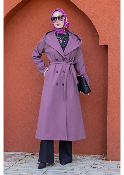 Note Astarlı Kapüşonlu Uzun Boy Kaban-Lila indirimleri