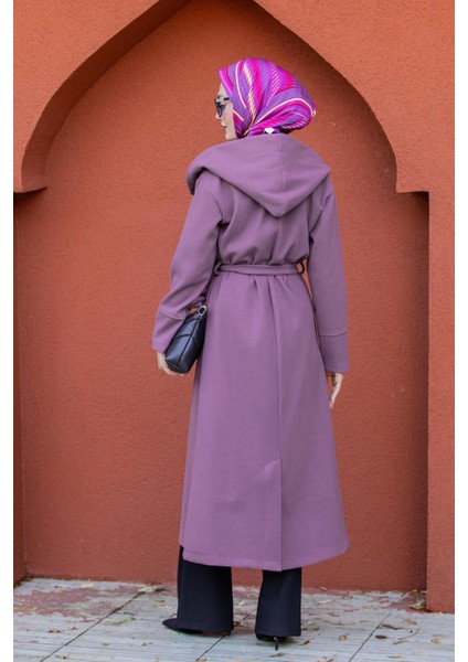 Note Astarlı Kapüşonlu Uzun Boy Kaban-Lila