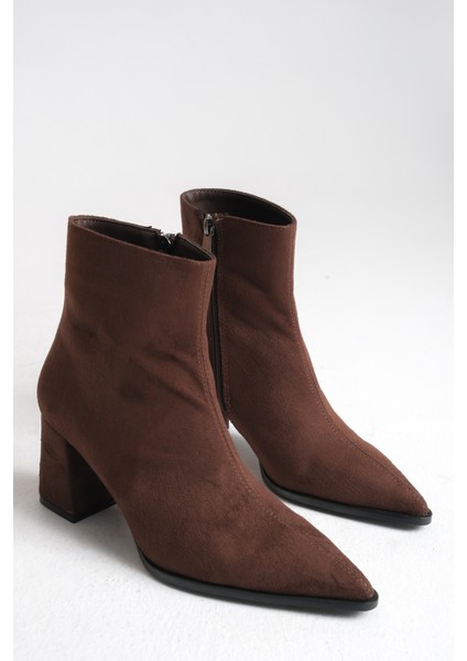 Kahverengi Süet Kadın Bot Sivri Burun Kaymaz Taban Fermuarlı Kalın Topuk Astrid