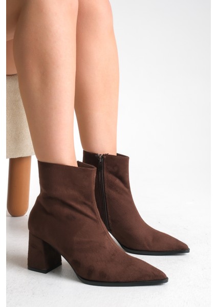 Kahverengi Süet Kadın Bot Sivri Burun Kaymaz Taban Fermuarlı Kalın Topuk Astrid