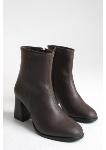 Kahverengi Deri Kadın Bot Kaymaz Taban Fermuarlı Kalın Topuk Diana modelleri