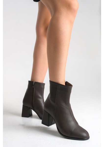 Kahverengi Deri Kadın Bot Kaymaz Taban Fermuarlı Kalın Topuk Diana