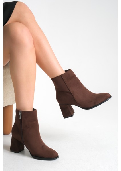 Kahverengi Süet Kadın Bot Kaymaz Taban Fermuarlı Kalın Topuk Diana