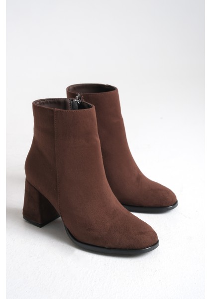 Kahverengi Süet Kadın Bot Kaymaz Taban Fermuarlı Kalın Topuk Diana modelleri