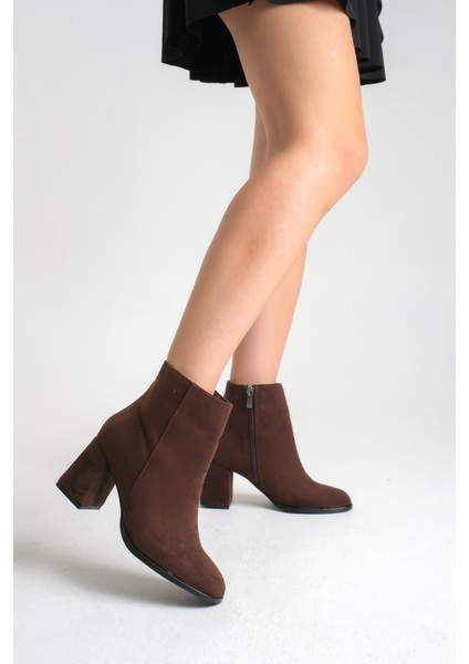 Kahverengi Süet Kadın Bot Kaymaz Taban Fermuarlı Kalın Topuk Diana