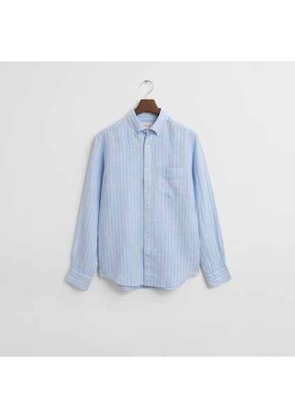 Erkek Mavi Regular Fit Düğmeli Yaka Çizgili Gömlek