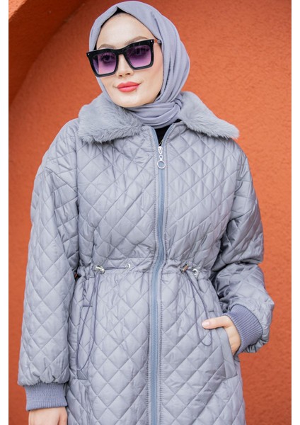 Kürk Yakalı Kapitone Kaban-Gri fiyatları