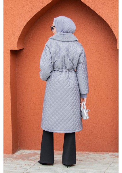 Kürk Yakalı Kapitone Kaban-Gri fırsatları