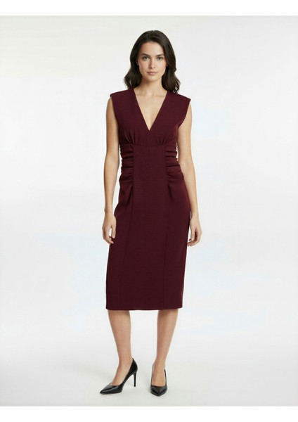 Kolsuz V Yaka Drape Detaylı Uzun Elbise