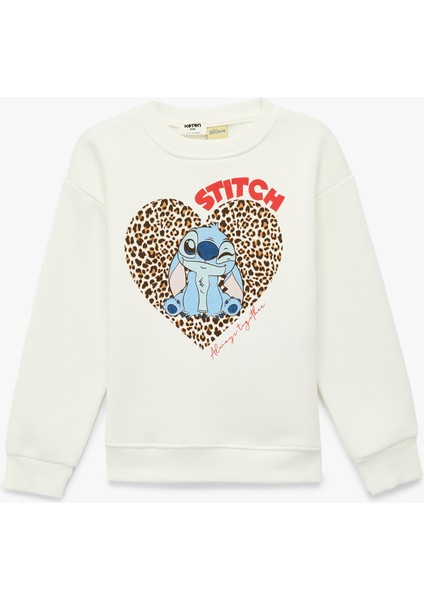 Lisanslı Stitch Baskılı Uzun Kollu Bisiklet Yaka Sweatshirt
