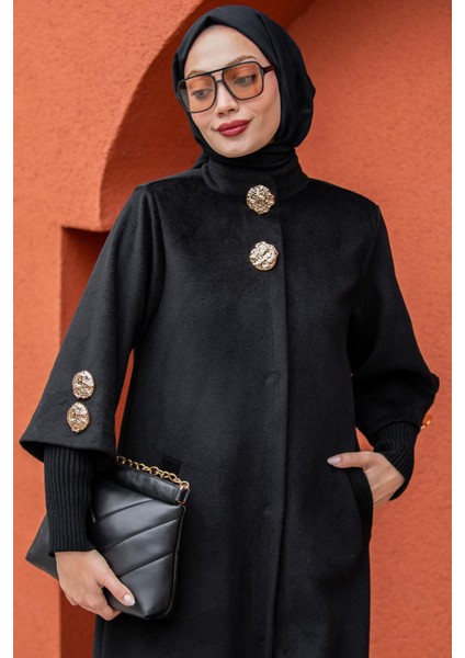 Jessy Angora Ribana Kollu Kaban-Siyah fiyatları