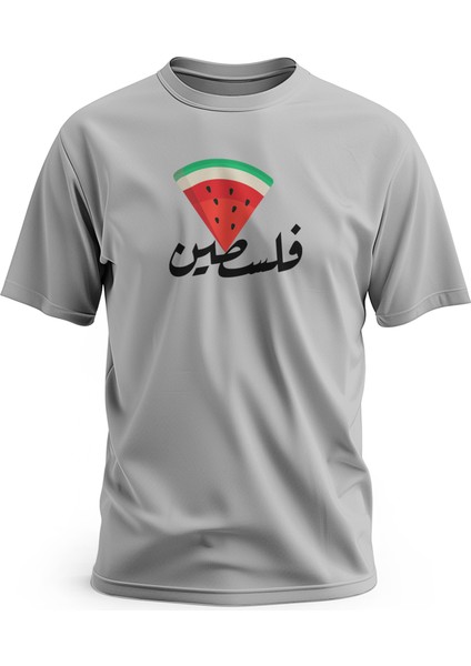 Tişört, Kısa Kollu Arapça Filistin Yazılı Üçgen ve Karpuz Desenli Renkli Baskı
