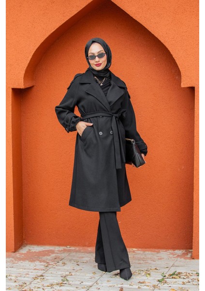 Celn Astarlı Apoletli Kaşe Kaban-Siyah