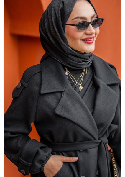 Celn Astarlı Apoletli Kaşe Kaban-Siyah fiyatları