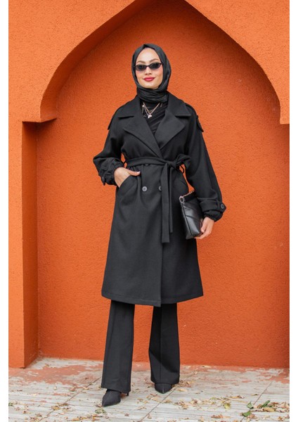 Celn Astarlı Apoletli Kaşe Kaban-Siyah indirimleri