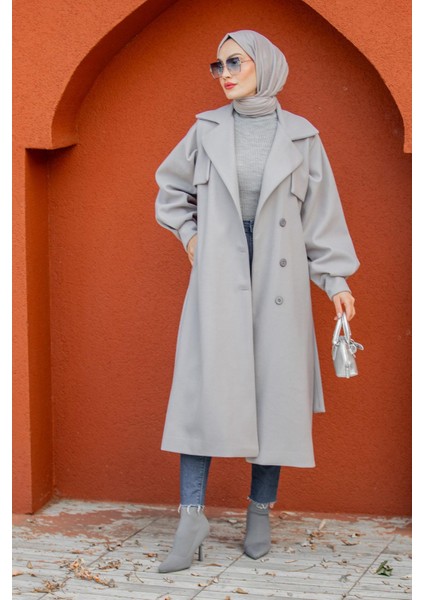 Olly Pileli Balon Kol Astarlı Kaşe Kaban-Gri modelleri