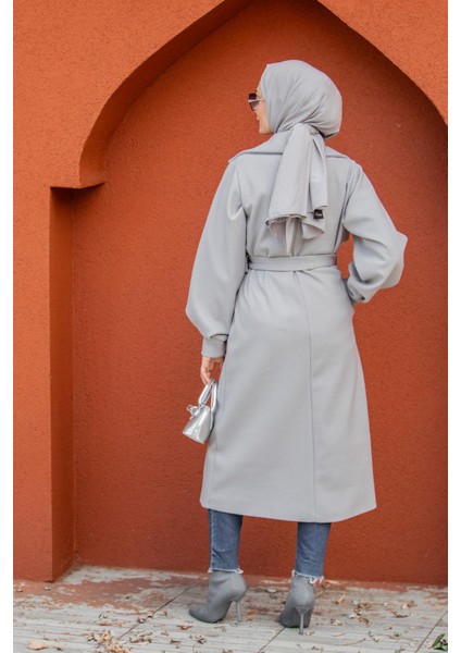 Olly Pileli Balon Kol Astarlı Kaşe Kaban-Gri fırsatları