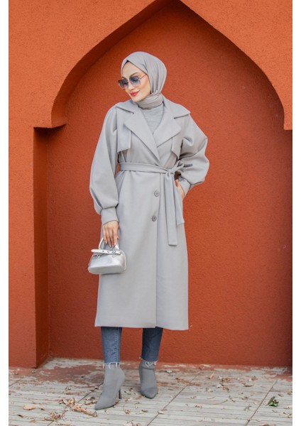 Olly Pileli Balon Kol Astarlı Kaşe Kaban-Gri indirimleri