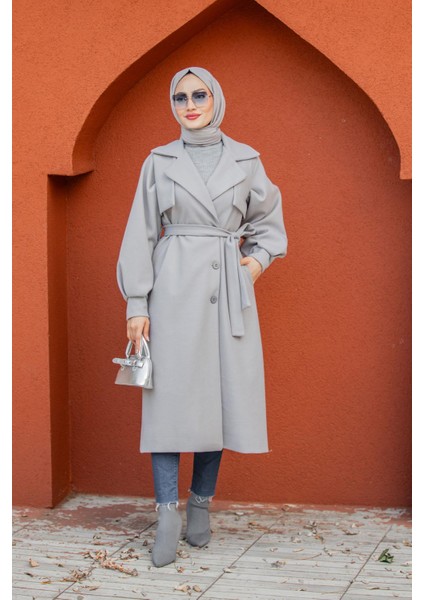 Olly Pileli Balon Kol Astarlı Kaşe Kaban-Gri