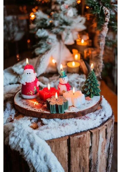6'lı Çam Ağacı, Noel Baba, Kardan Adam, Kar Tanesi ve Mum Seti, Yılbaşı Dekorasyonu
