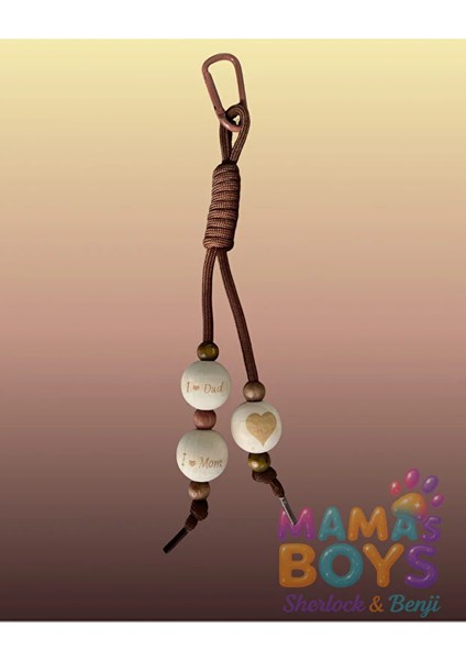 I Love Dad&mom Charmlı Kahverengi Paracord Çanta Aksesuarı - Charm - Çanta Süsü