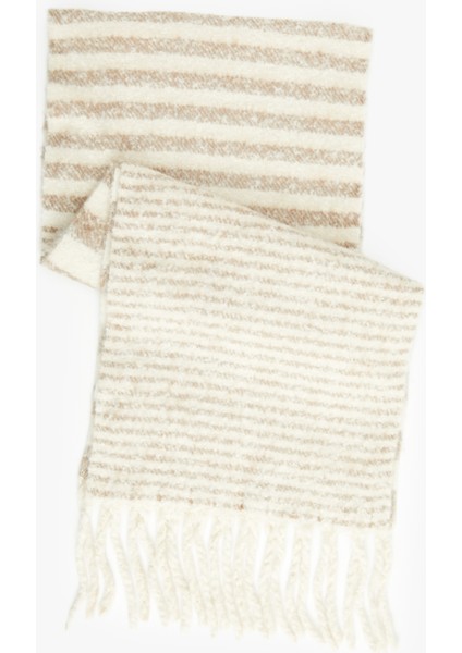 Çizgili Yumuşak Dokulu Püsküllü Uzun Atkı